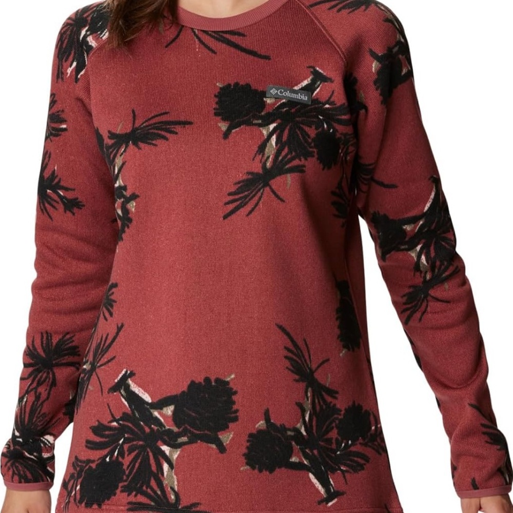 NWT Columbia Fleece Floral Women's Sweater Weather‎ Crew,Red velvet/Black, Large